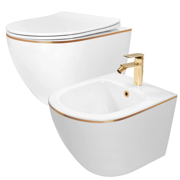 SET VAS WC CARLO MINI FLAT + BIDET CARLO MINI WHITE GOLD EDGE